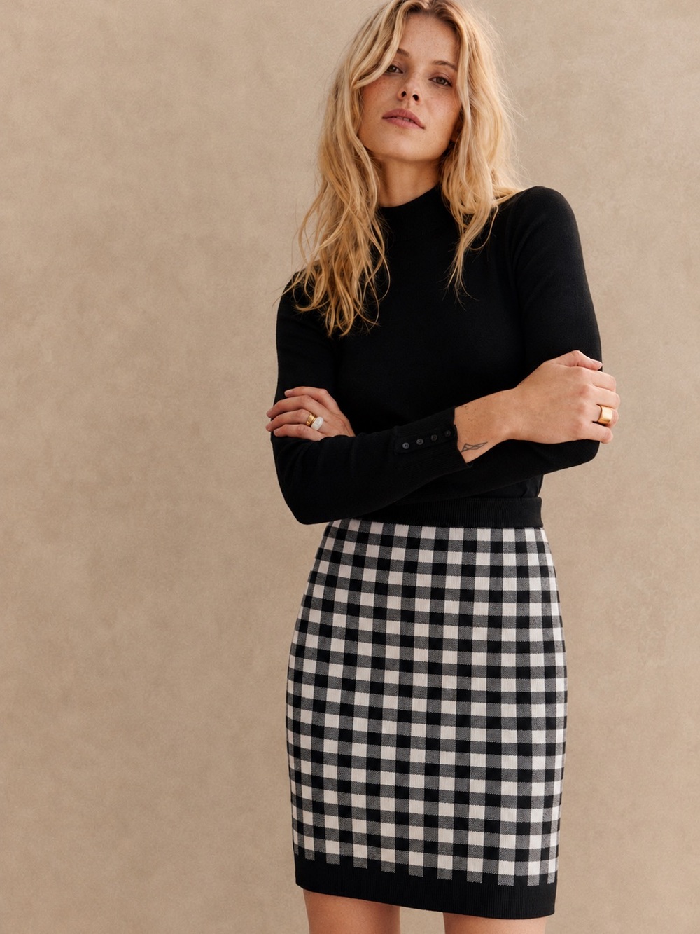 DEREK LAM Mainline Gingham Knit Checked Pencil Skirt - Size S Fall Classic